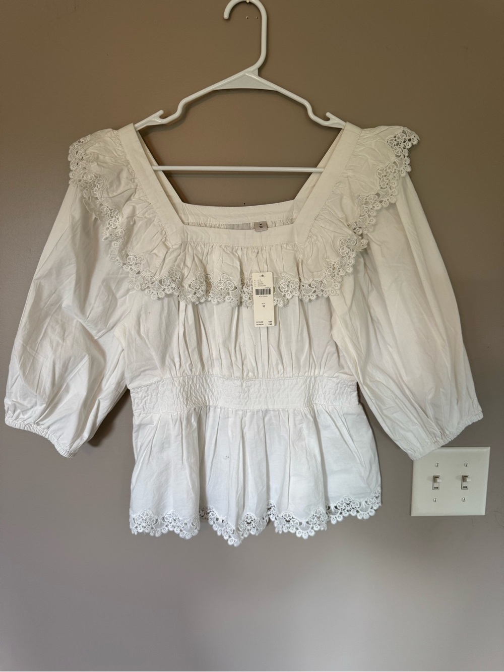 Anthropologie White Lace-Trim Square Neck Peasant Blouse